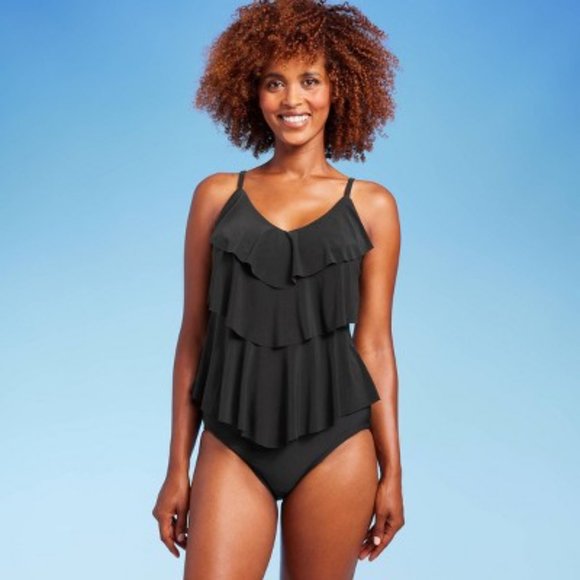 Aqua Green Women's UPF 50 Tiered Tankini Top Black XL New With Tags - Picture 4 of 4